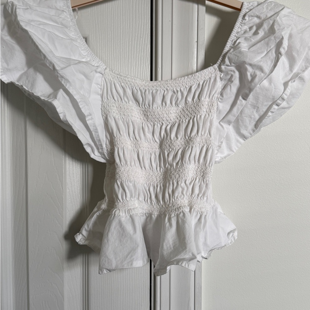 Zara White Smocked Blouse with Puff Sleeves